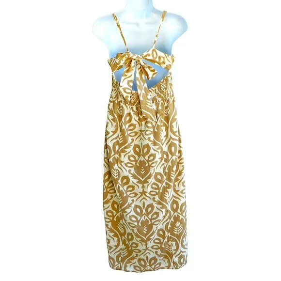 LiNeN CoTToN American Eagle Halter Maxi Dress Damask Smocked Tie Back Adj Straps - Picture 5 of 9